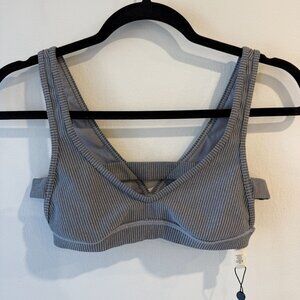 For Love & Lemons XS Ribbed Gray V-Neck Bralette Sports Bra Cutouts